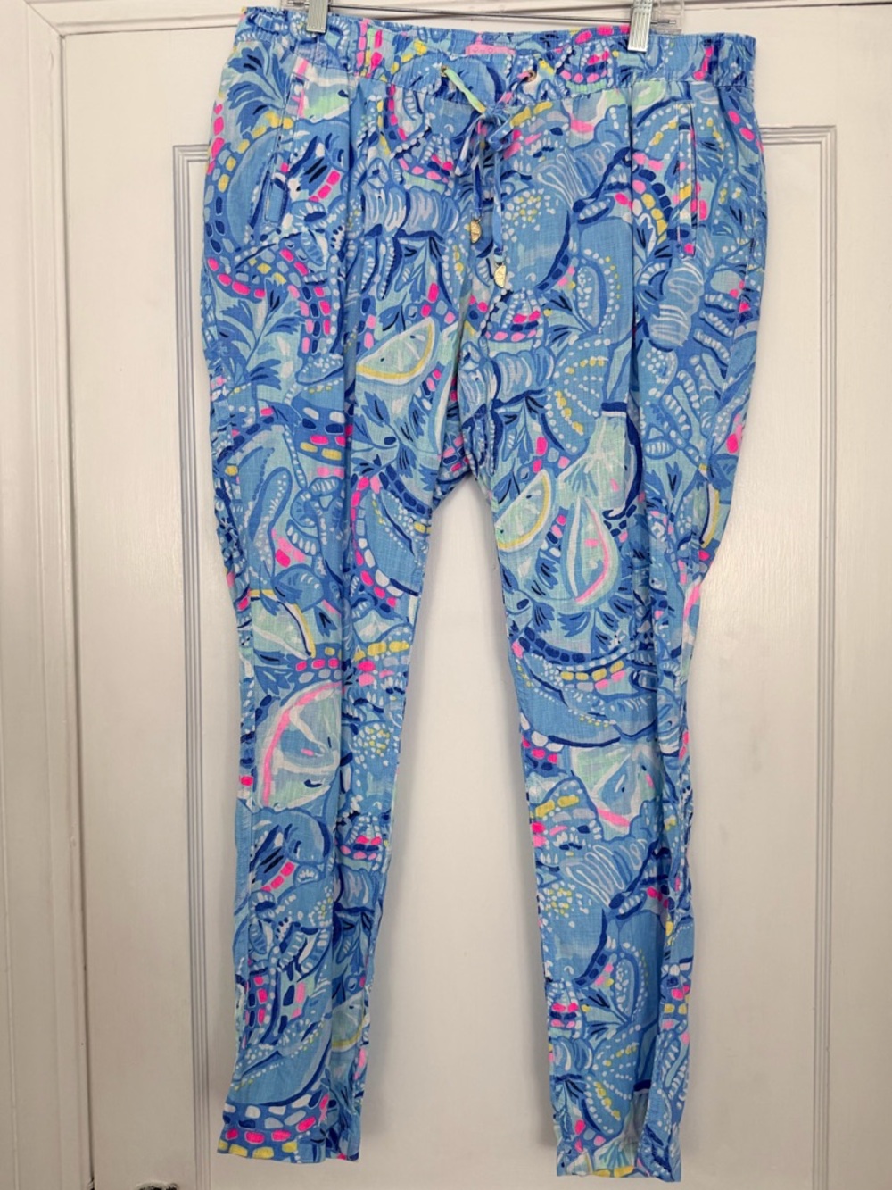 Lilly Pulitzer Aden linen pants Blue Peri Pinch Pinch pattern women’s XL